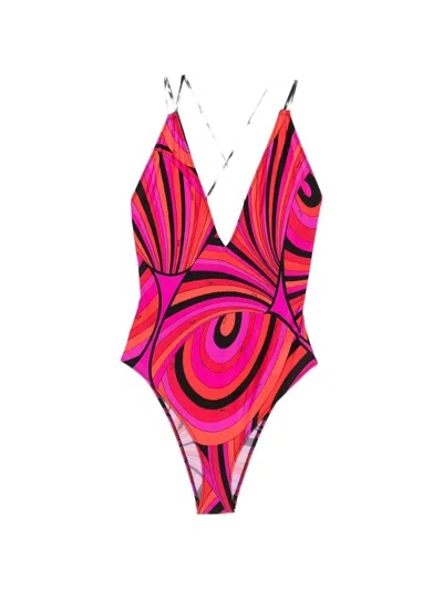 Pucci Iride-print V-neck Swimsuit In Red