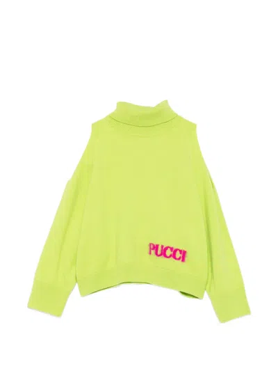 Pucci Junior Kids' Cold-shoulder Logo-embroidered Sweater In Green
