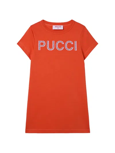Pucci Junior Kids' Dress With Decorated Logo In Orange