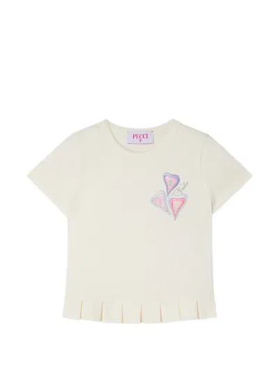 Pucci Junior Kids' Embroidered T-shirt With Pleated Hem In White