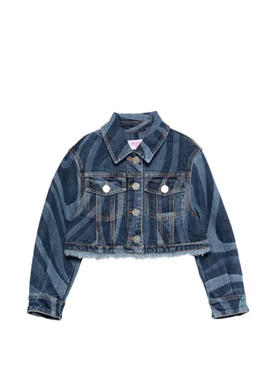 Pucci Junior Kids' Fringed Patterned Denim Jacket In Blue