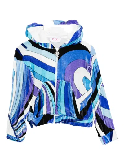 Pucci Junior Hooded Wave-pattern Hoodie In Blue