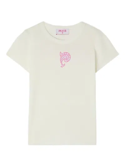Pucci Junior Kids' Logo-embroidered T-shirt In Neutral