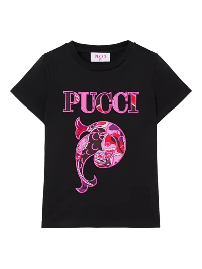 Pucci Junior Kids' Logo-embroidered T-shirt In Black