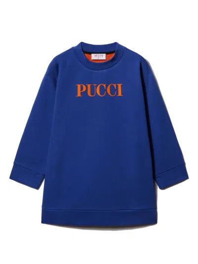 Pucci Junior Kids' Logo-print Cotton Dress In Blue