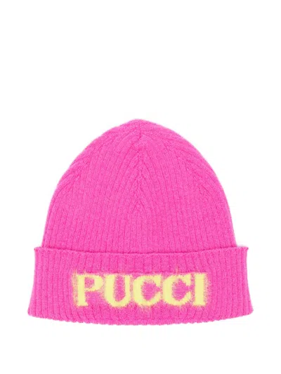 Pucci Junior Babies' Logo-intarsia Ribbed-knit Beanie Hat In Pink