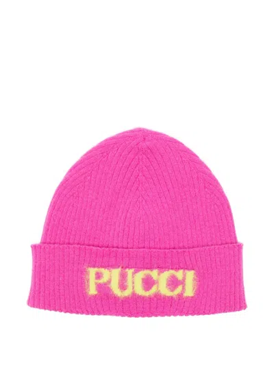 Pucci Junior Kids' Logo-intarsia Ribbed-knit Beanie Hat In Pink