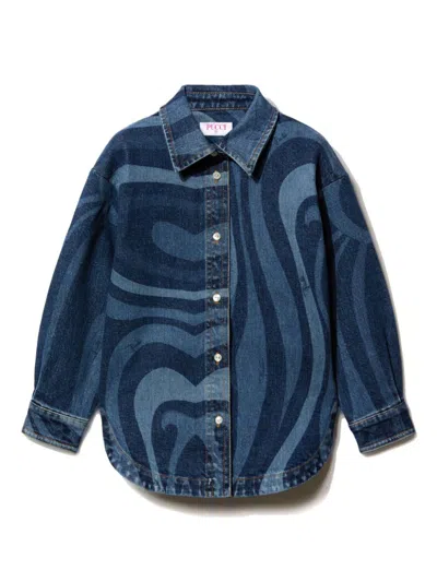 Pucci Junior Kids' Marmo-print Denim Shirt In 蓝色