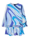 Pucci Junior Marmo-print Long-sleeve Dress In Blue