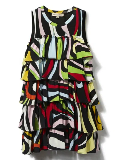 Pucci Junior Kids' Marmo-print Ruffle Dress In Black