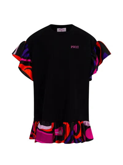 Pucci Junior Kids' Marmo-print Ruffled Dress In Black