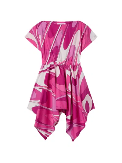 Pucci Junior Onde Print Dress With Asymmetrical Skirt In Pink