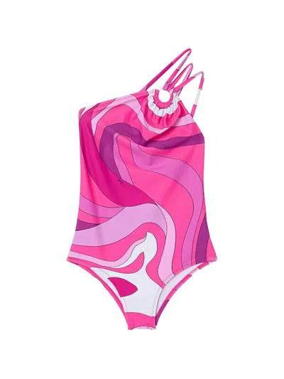 Pucci Junior Babies' One-shoulder Marmo-print One-piece Swimsuit In Purple