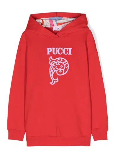Pucci Junior Kids' Raised-logo Cotton Hoodie In Red