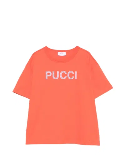 Pucci Junior Kids' Rhinestone-logo T-shirt In Orange