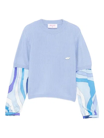 Pucci Junior Kids' Ribbed-knit Printed-sleeve Top In Blue
