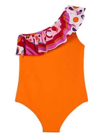Pucci Junior Kids' Ruffled One-shoulder Swimsuit In Orange