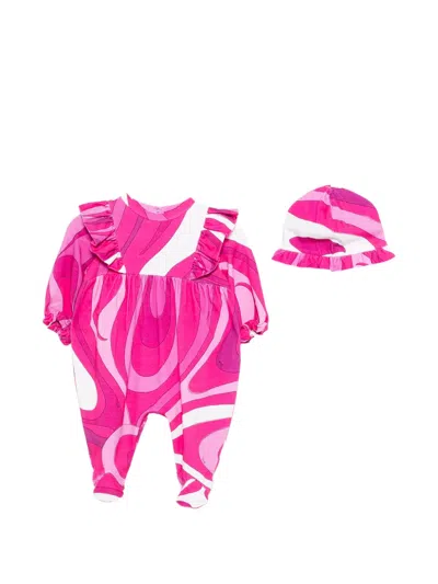Pucci Junior Ruffled Patterned Babygrow Set In Pink