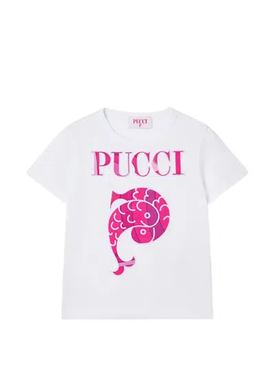 Pucci Junior Kids' T-shirt With Embroidered Logo And Fish In Neutral