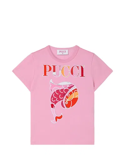 Pucci Junior Kids' T-shirt With Embroidered Logo And Fish In Pink