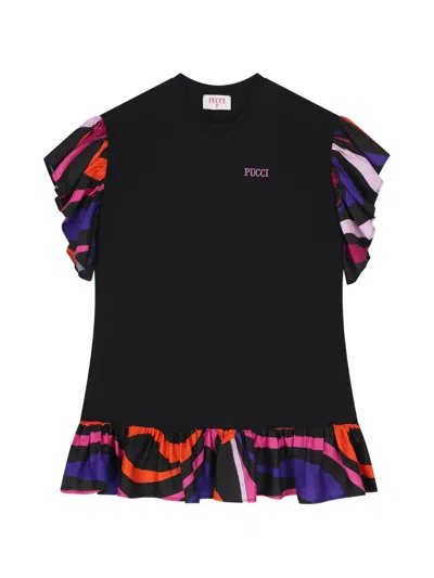 Pucci Junior Kids' Vortice-print Ruffled Dress In Black
