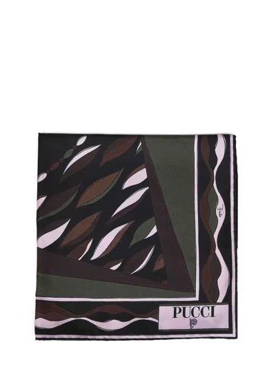 Pucci Khaki And Pink Fiamme And Navajo-prints Silk Twill Scarf In Green