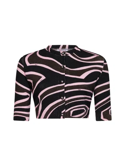 Pucci Khaki And Pink Labirinto-print Wool Knit Cropped Cardigan In Multi