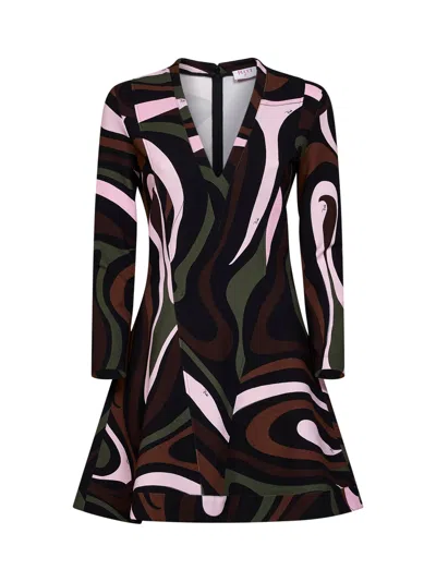 Pucci Khaki And Pink Marmo-print Compact Jersey Mini Dress In Multi