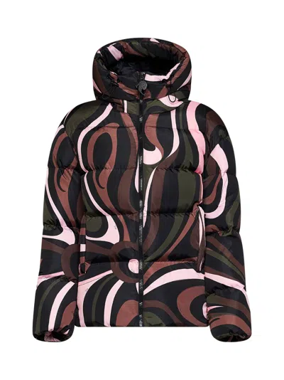 Pucci Khaki And Pink Orchidee-print Nylon Hooded Down Jacket In Multi