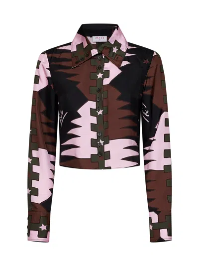 Pucci Khaki And Pink Valdimontone-print Silk Twill Cropped Shirt In Multi