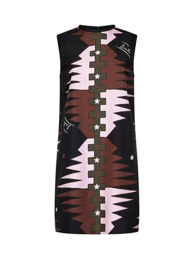 Pucci Khaki And Pink Valdimontone-print Silk Twill Straight Mini Dress In Green