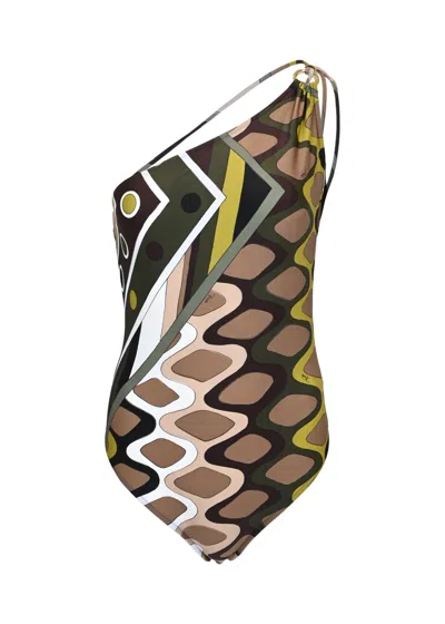 Pucci Khaki/muschio One Piece Swimsuit Vivaro Print In Green