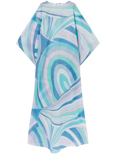 PUCCI BLUE IRIDE PRINT COTTON KAFTAN DRESS