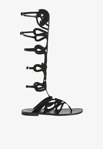 Pucci Knee-high Gladiator Flat Sandals In Black