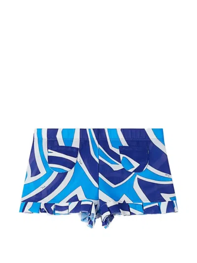 Pucci Labyrinth Silk Shorts Side Slits Pockets In Blue