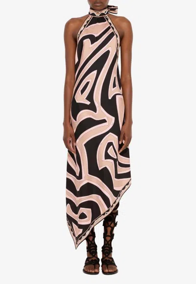 Pucci Labirinto Print Asymmetric Silk Midi Dress In Multi