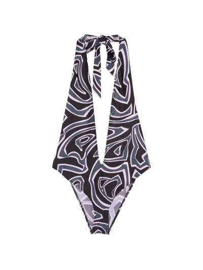 Pucci Labirinto-print Deep-neckline Swimsuit In Black