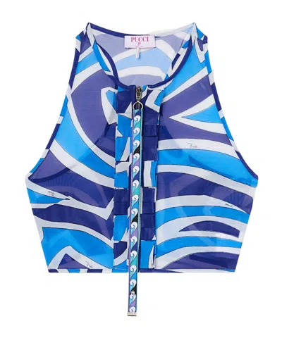 Pucci Labirinto Print Ruffle Top In Blue
