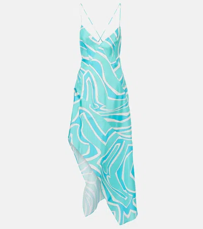 Pucci Labirinto Silk Satin Midi Dress In Blue