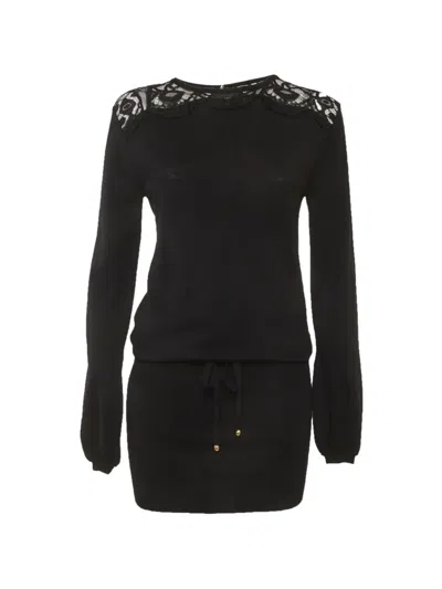 Pre-owned Pucci Lace-trim Wool Mini Dress In Black