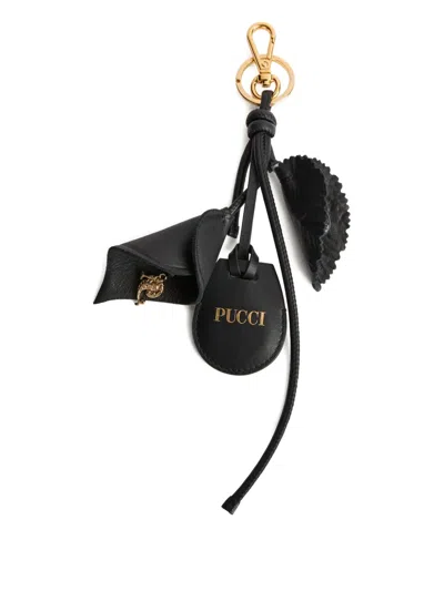 Pucci Leaf Charm Keyring Tag Holder In Black