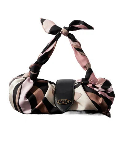 Pucci Leather-trimmed Knotted Printed Silk-twill Shoulder Bag In Black
