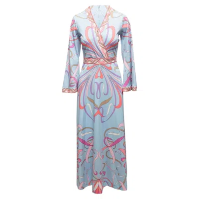 Pre-owned Pucci Light Blue & Multicolor Emilio  Abstract Print Long Sleeve Dress Size Us 10