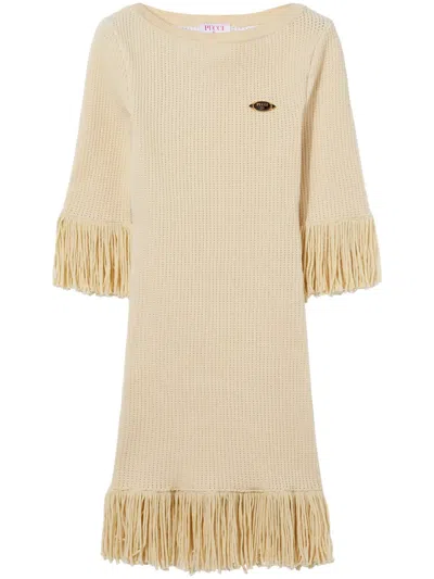 Pucci Logo-plaque Fringed Mini Dress In Neutral