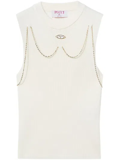 Pucci Logo-plaque Ribbed Knit Top In White