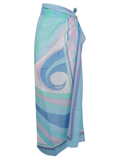Pucci Long Pareo - Cotton Pareo In Celeste Bianco