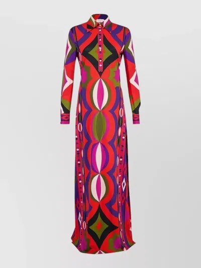 Pucci Long Sleeve Maxi Dress Bold Print In Red