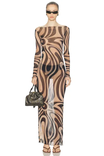 Pucci Long Sleeve Maxi Dress In Brown
