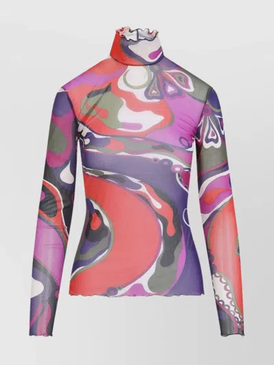 PUCCI LONG SLEEVE SHEER TURTLENECK RUFFLED