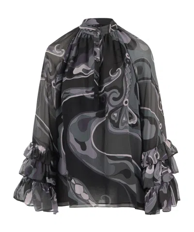 Pucci Abstract-print Ruffled Blouse In Black